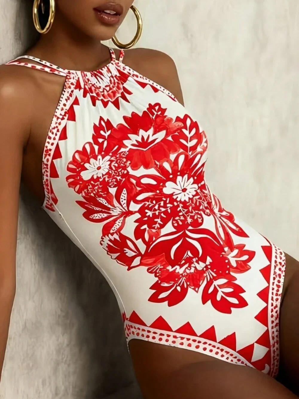 Red Sexy Women's One-Piece Bohemian Floral Print Backless Swimsuit